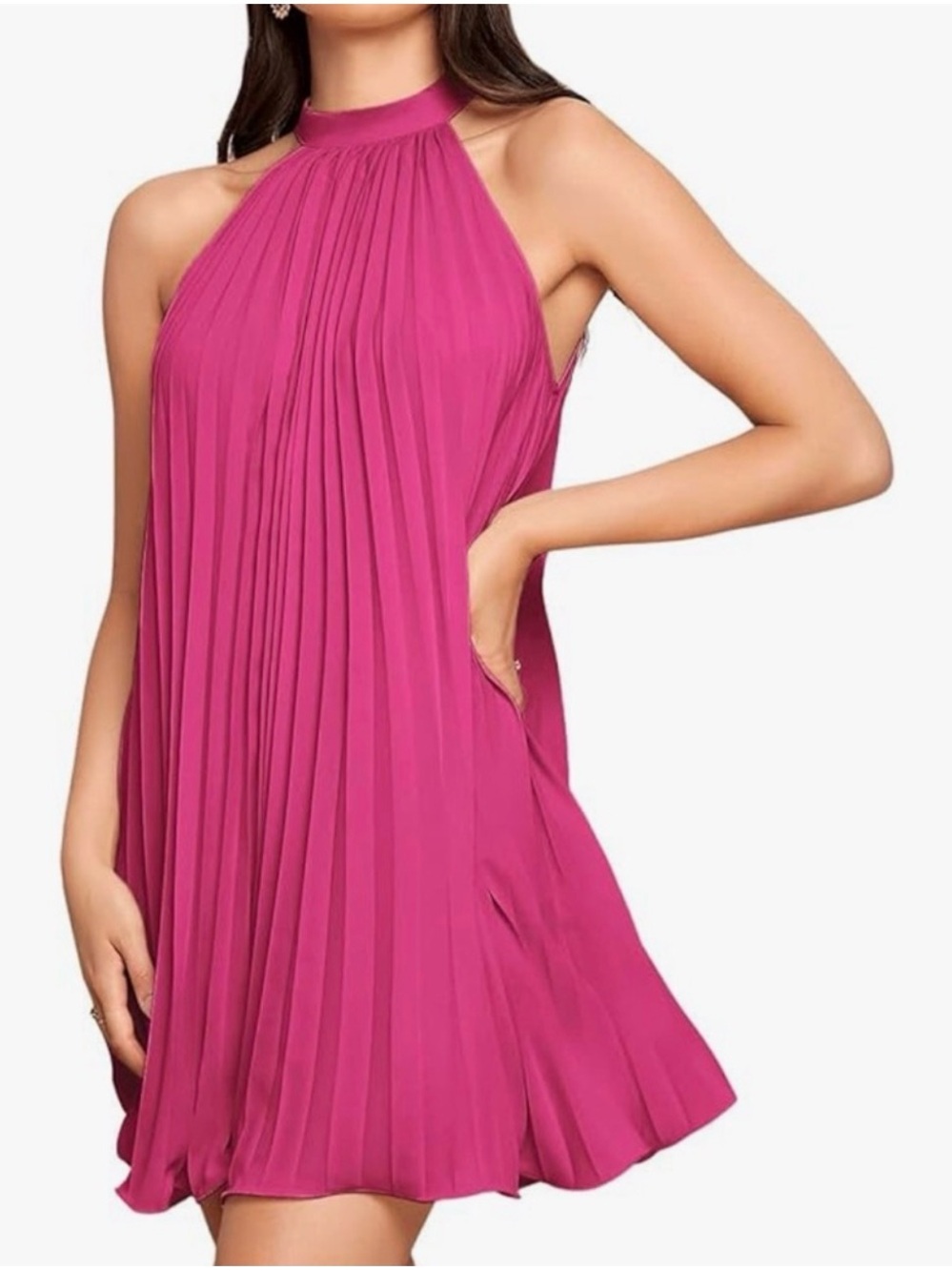 Petal & Pup Pleated Halter Mini Dress in Fuchsia Pink